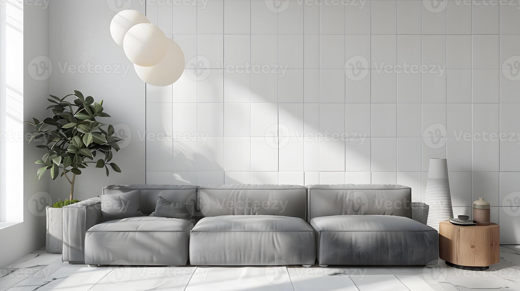 Minimalist Living Room with Grey Sofa against White Tiled Wall in Soft Light photo