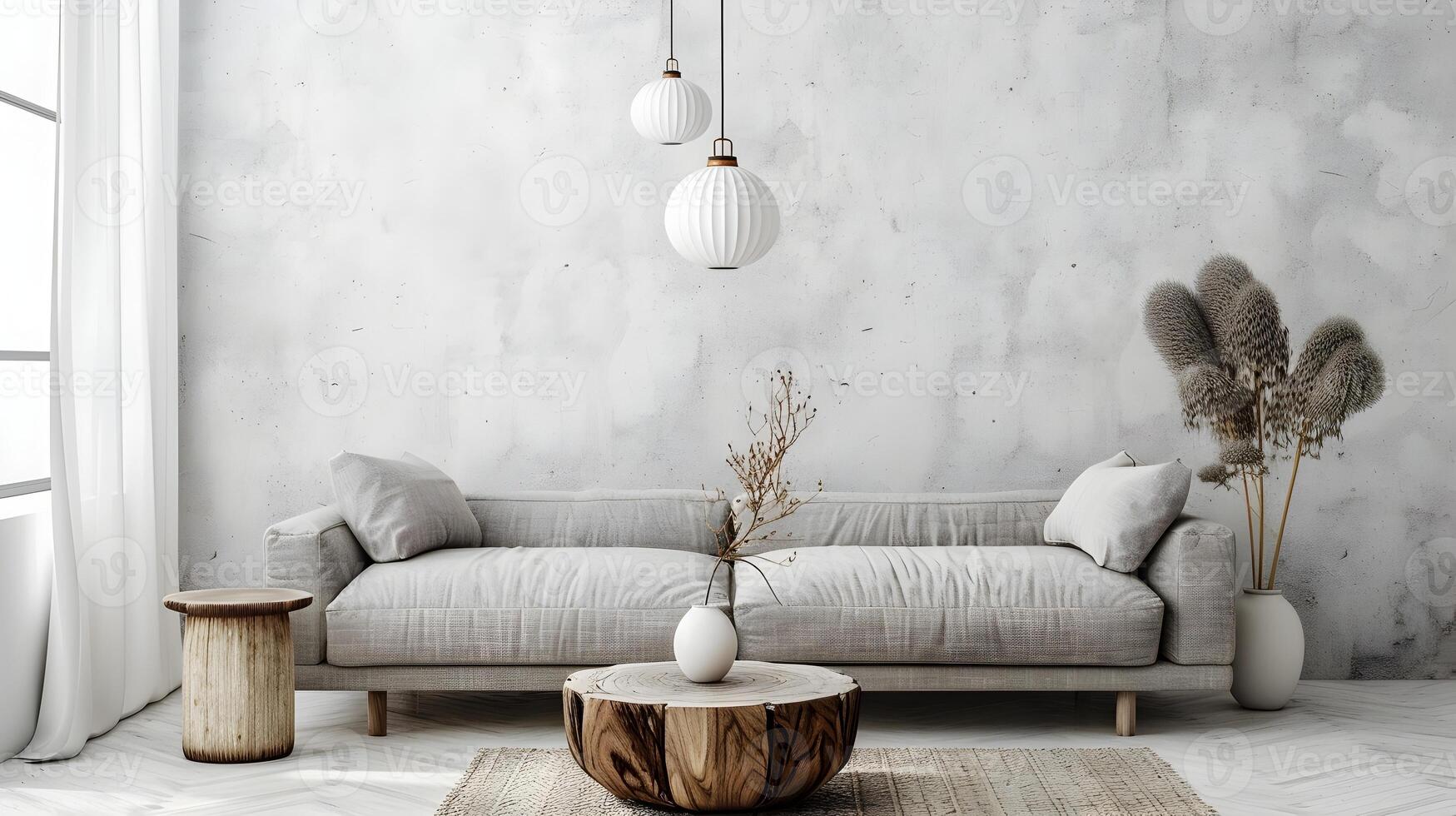 Modern Living Room with Concrete Wall and Scandinavian Boho Design Featuring Light Grey Sofa and Wooden Coffee Table photo