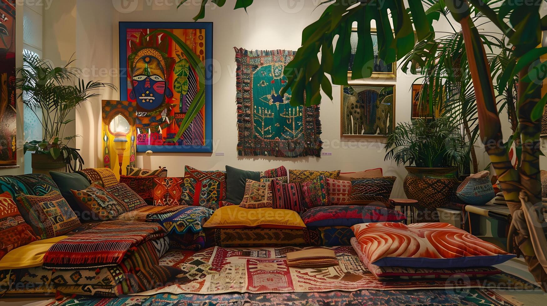 Maximalist Bohemian Living Space Showcasing Vibrant Patterns, Lush Plants, and photo