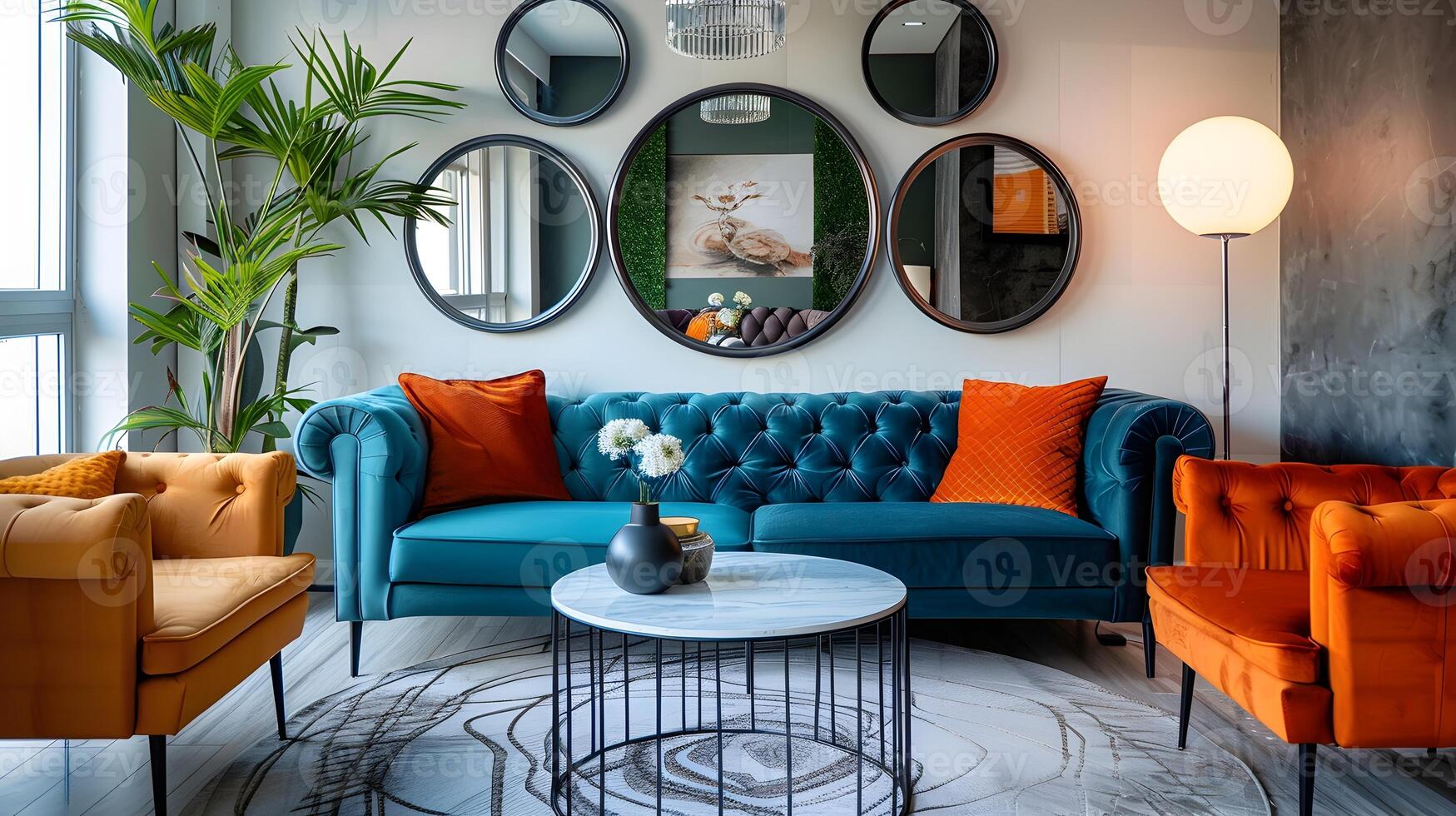 Modern Living Room with Teal Chesterfield Sofa and Tangerine Armchairs Embracing Latest Decor Trends photo