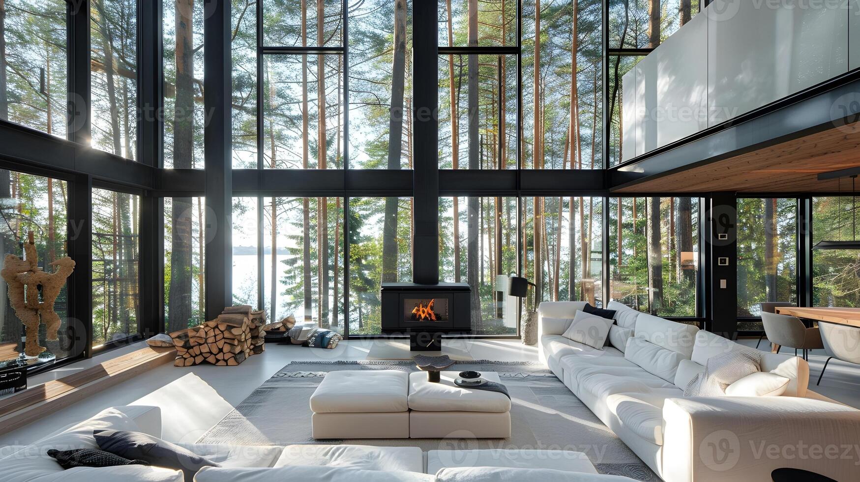 Modern Living Room in Forest Exuding Tranquility and Hygge with Scandinavian Design and Wood Burning Stove photo