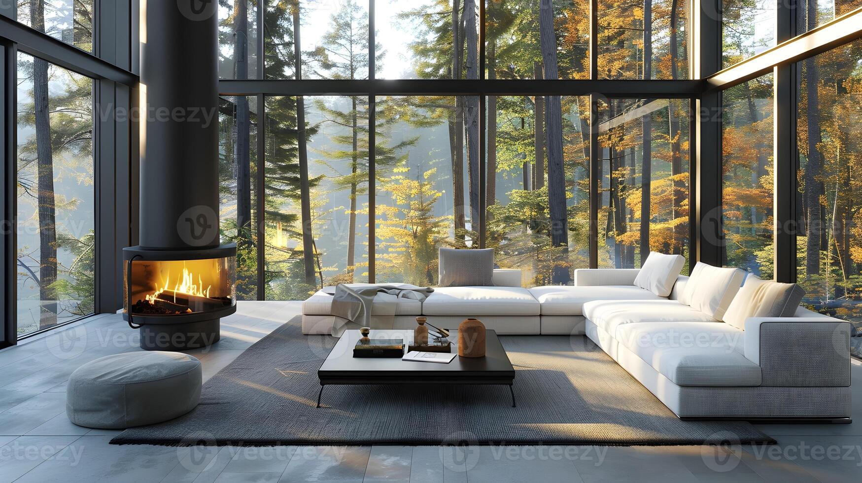 Modern Living Room with Stylish Furniture Overlooking Serene Autumn Forest photo