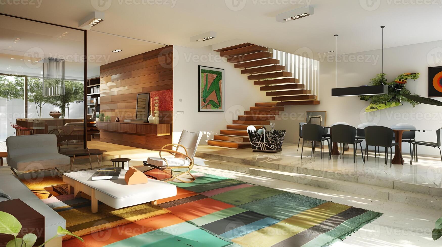 menta verde moderno vivo espacio con barnizado nuez escalera y abierto concepto diseño foto