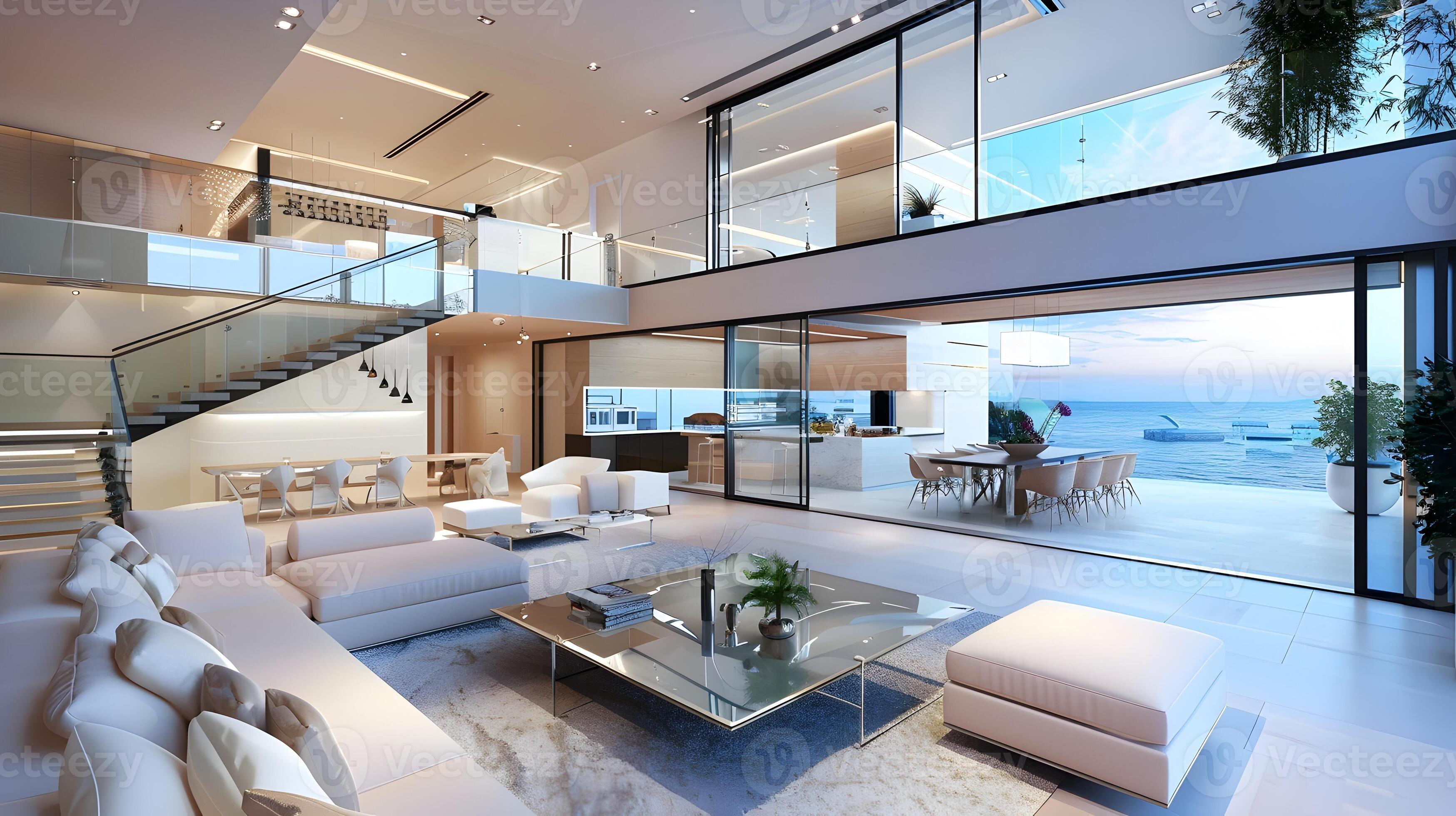 Luxurious Modern Villa Living Room Overlooking Ocean with Indoor Plants and  Sleek Staircase 44020746 Stock Photo at Vecteezy