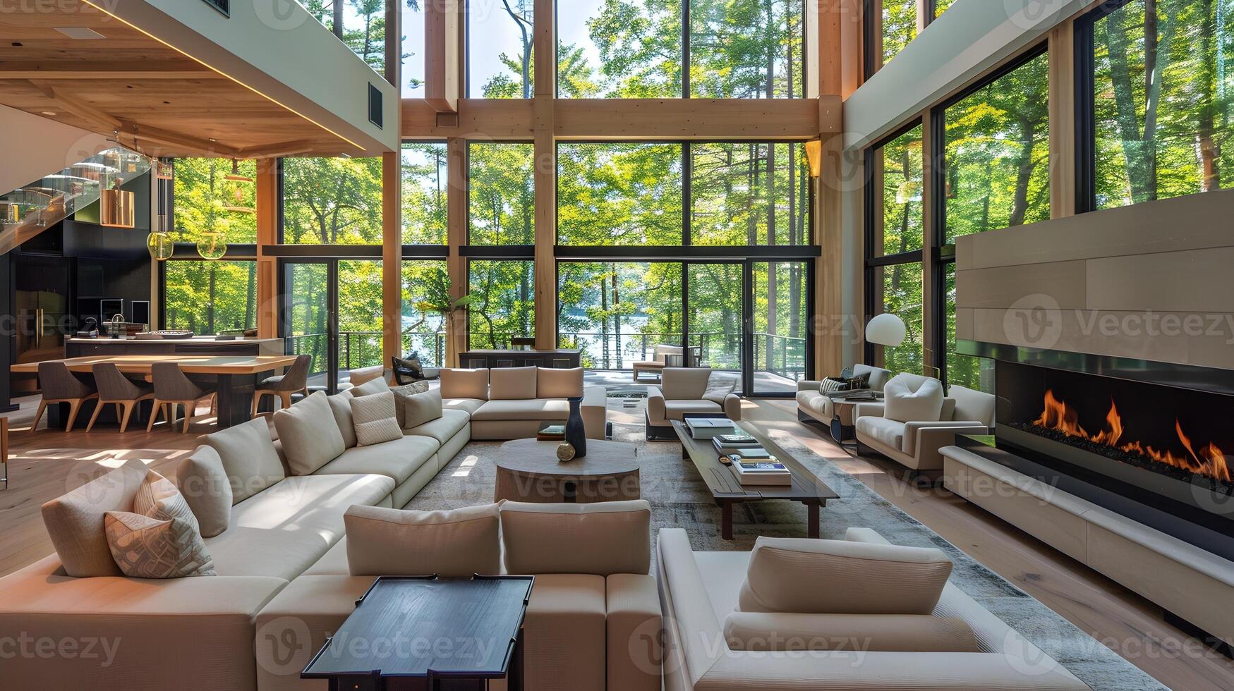 Luxury Home in the Woods Modern Living Room with Bioethanol Fireplace and Majestic Woodland View photo