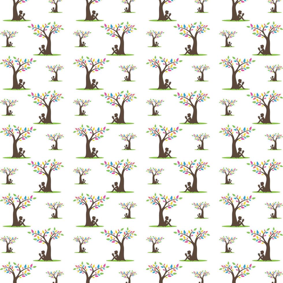 Kid and tree uncommon trendy multicolor repeating pattern illustration background design vector