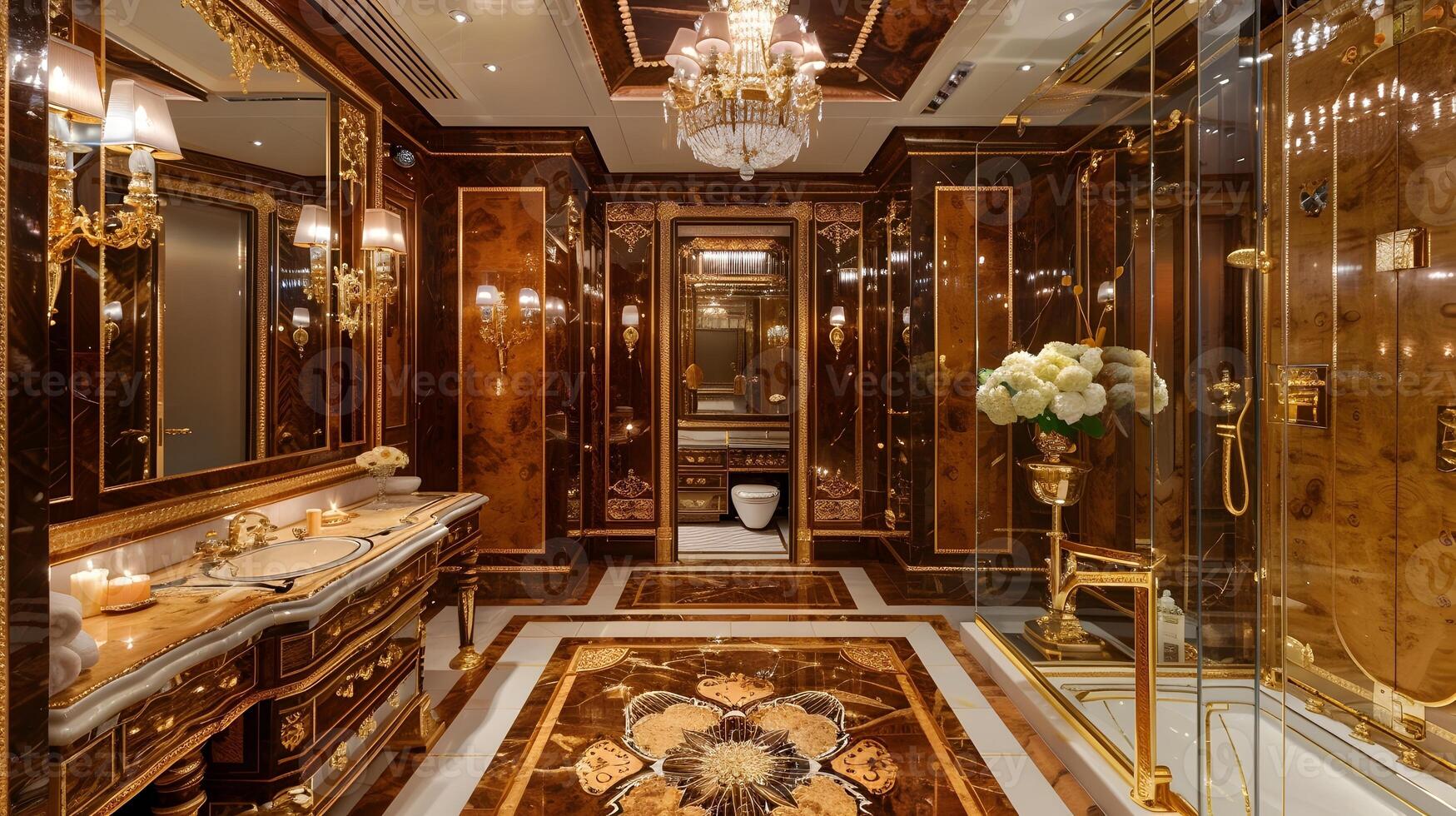 Luxurious Bathroom Design with Rich Wood Paneling and Gold Accents, Exuding Elegance and Opulence photo