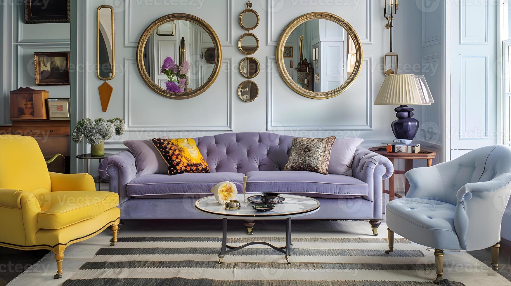 lavanda terciopelo sofá adornado con espejos en de inspiración parisina vivo habitación foto