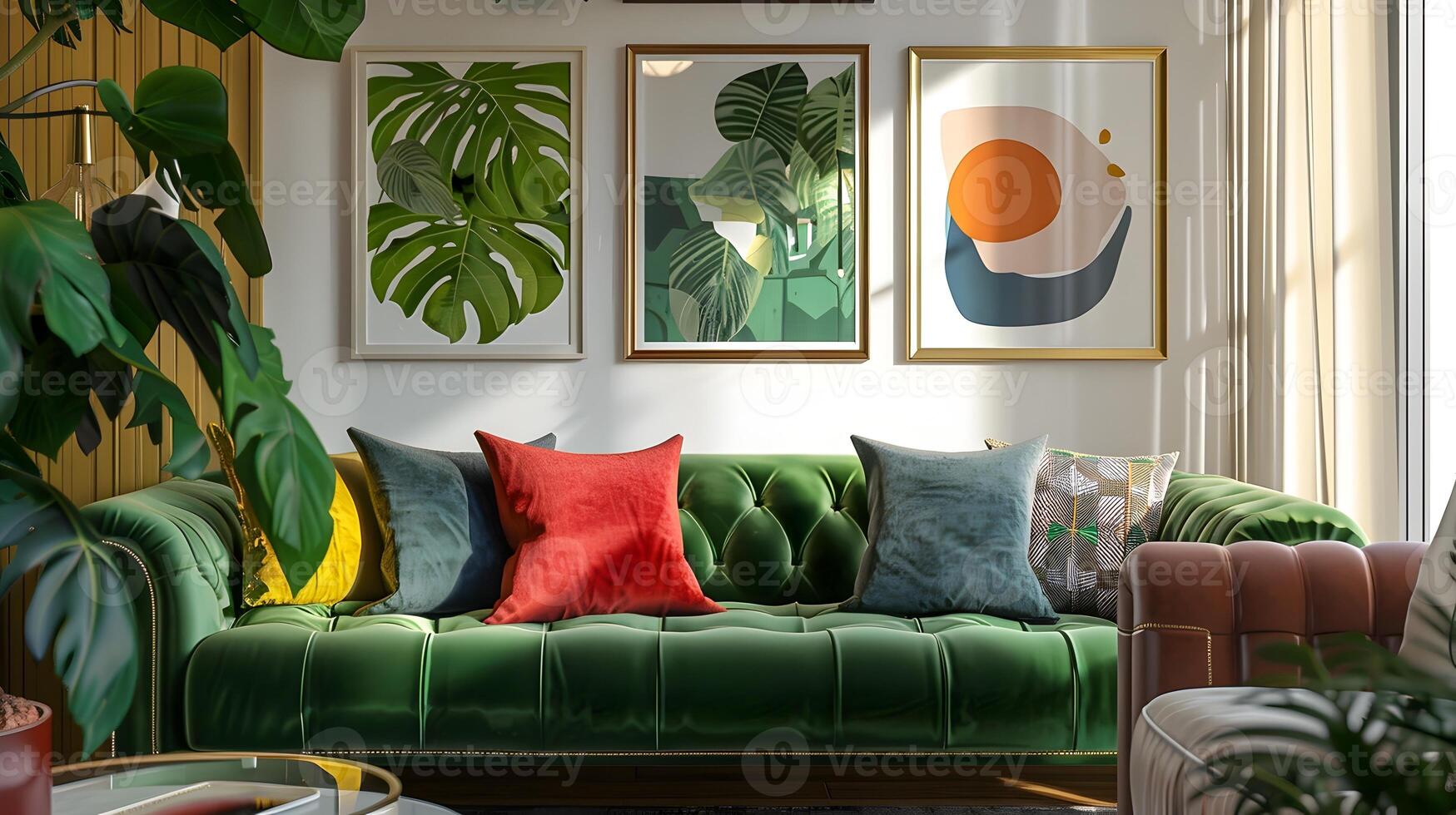vivo habitación con vibrante pared Arte y verde terciopelo sofá evocando moderno hogar decoración y calma foto