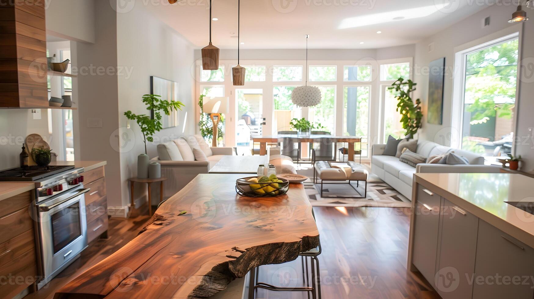 Live Edge Wood Countertop in Modern Open-Concept Kitchen and Living Room Basking in Natural Light photo