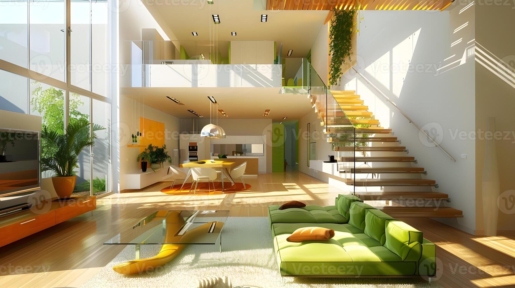 Lively Modern Home Interior with Green Sofa and Pear Wood Staircase in Bright Sunlit Space photo