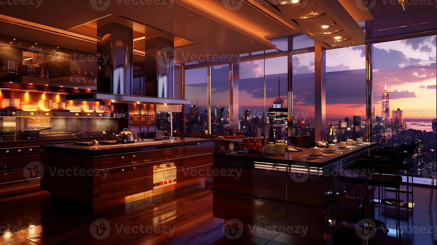 Luxury Kitchen in New York City Highrise with Panoramic Skyline View at Sunset photo