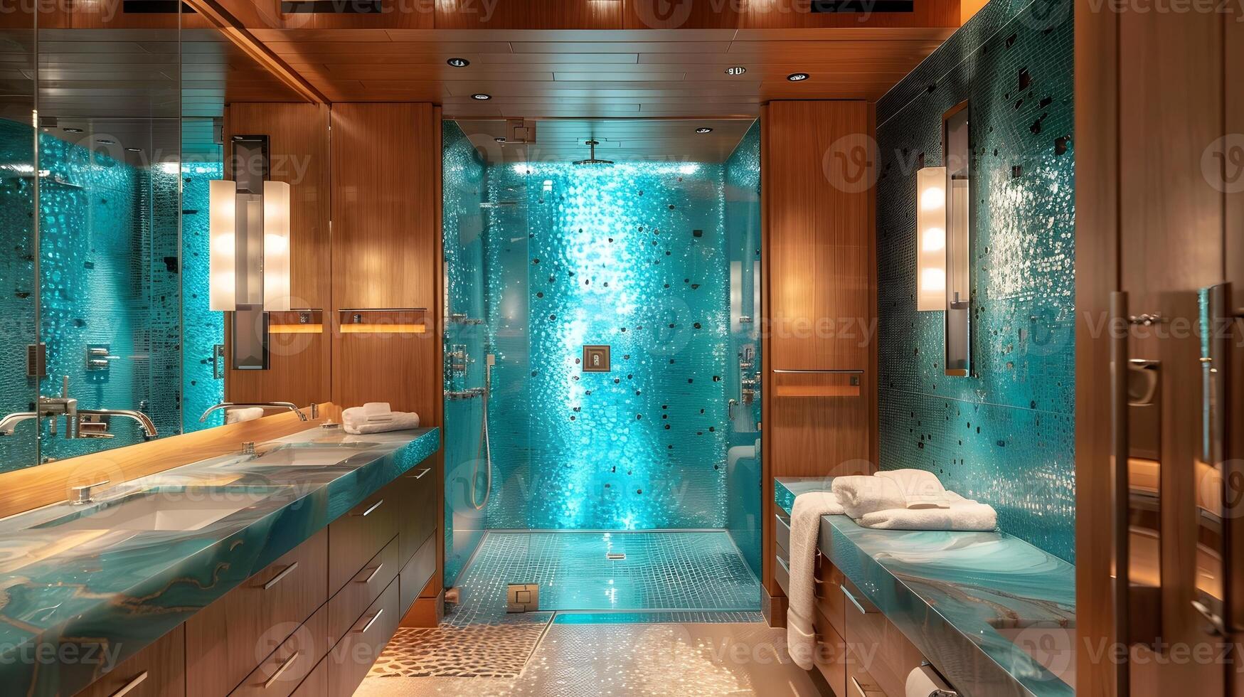 Luxury Yacht Bathroom with Turquoise Mosaic Tiles and Elegant Wood Accents photo