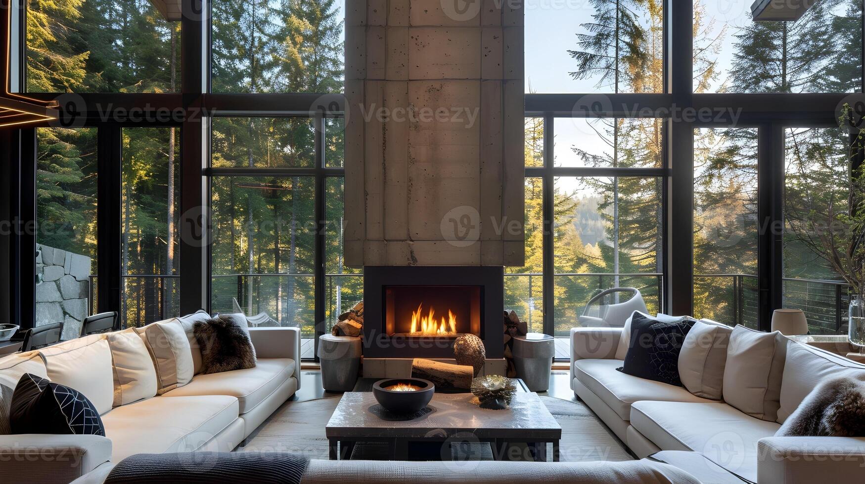 Luxurious Living Room with Stylish Fireplace and Inviting Forest Vista in Modern Pacific Northwest Home photo
