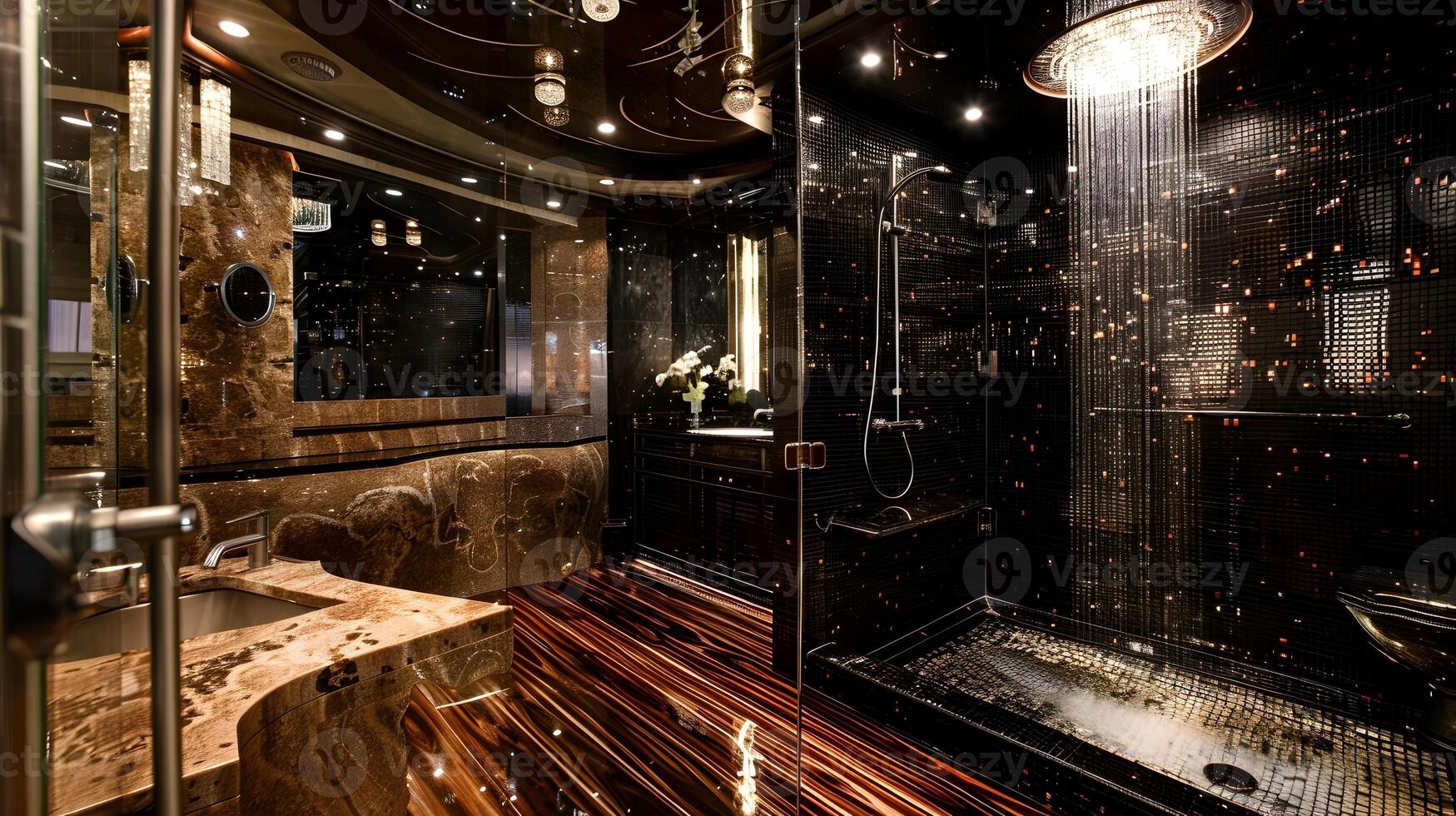 Luxurious Yacht Bathroom with Ebony Wood Accents and Sparkling Rainstyle Shower photo