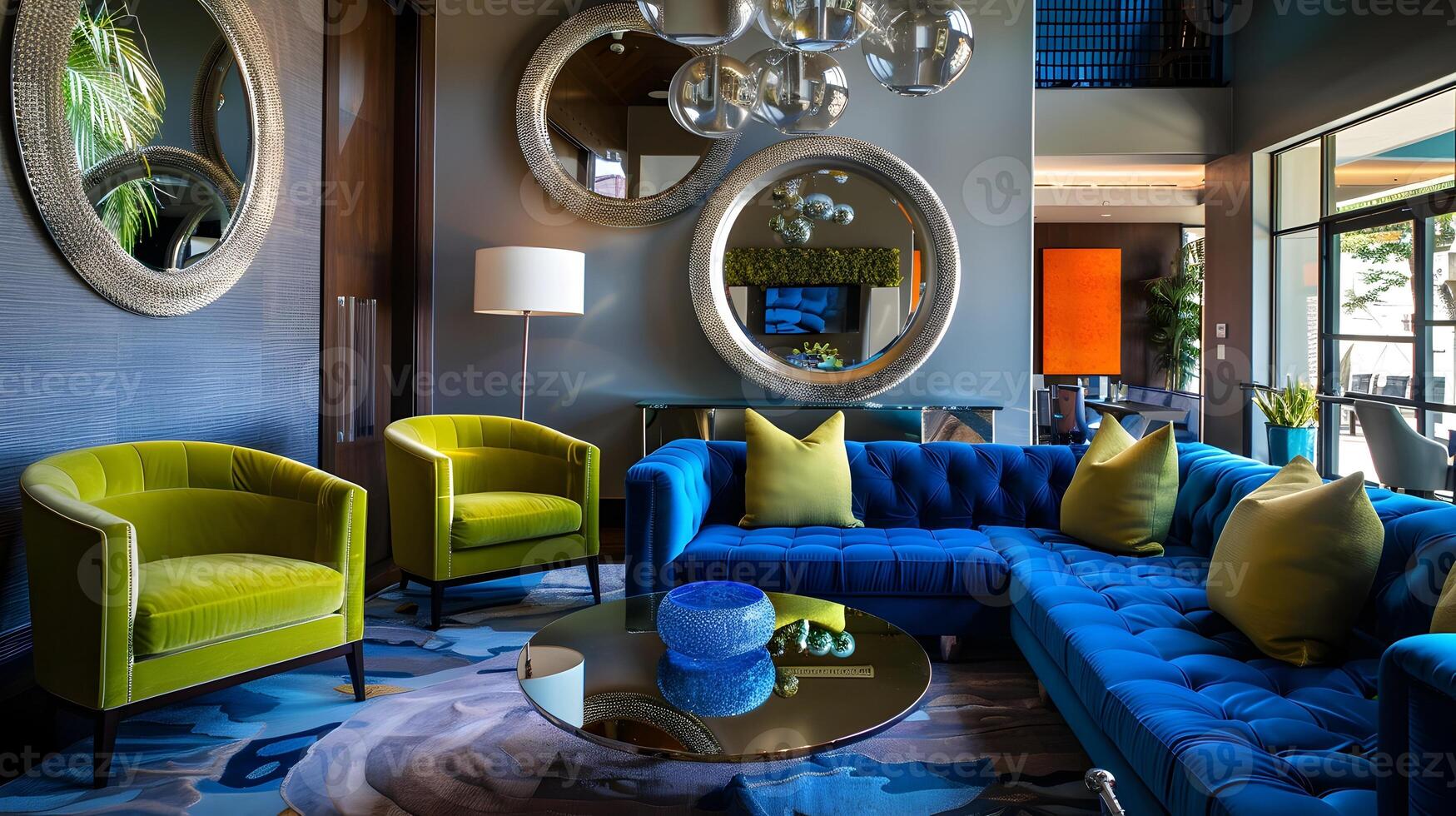 gama alta hotel salón zona con vibrante azul y verde sofás y moderno Arte foto