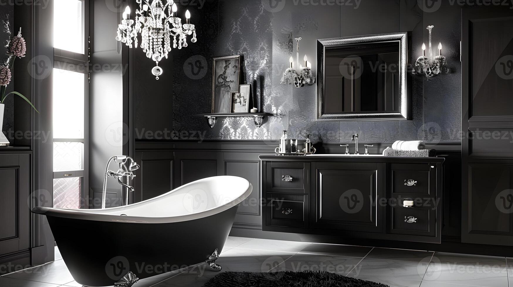 Elegant Monochrome Bathroom with Vintage Bathtub and Crystal Chandelier photo