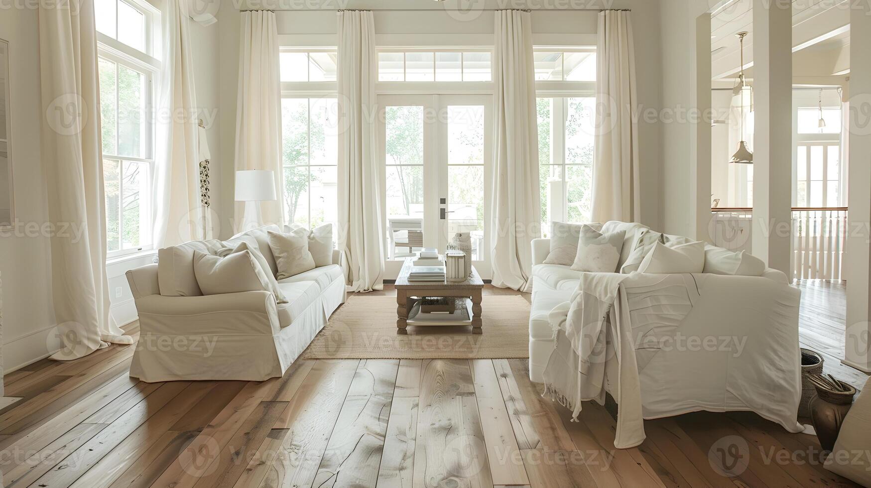 etéreo vivo habitación sereno casa de Campo estilo con blanco lino y rústico madera foto