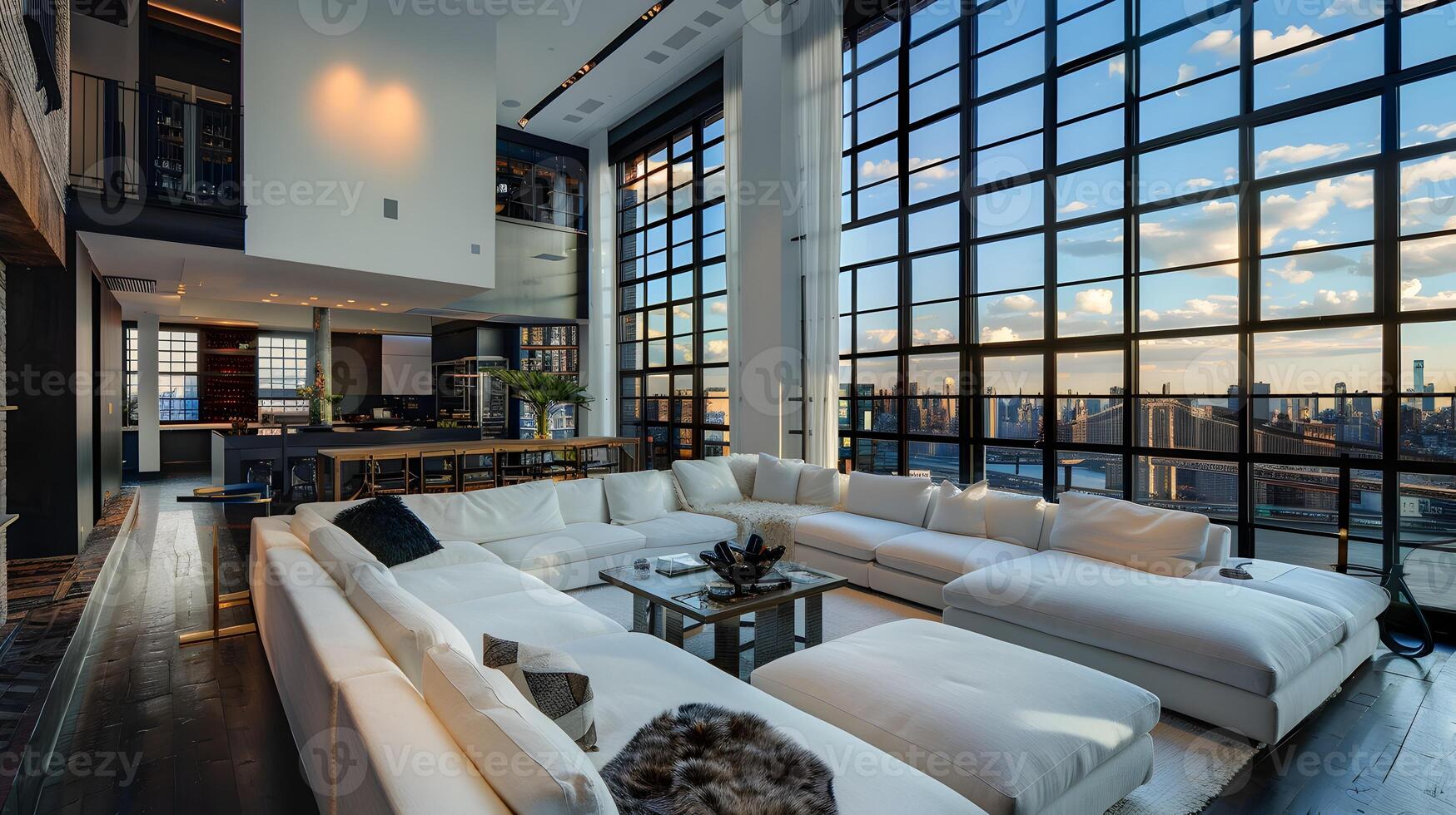 Fashionable Urban Loft Interior with Spacious Living Room and Stunning New York City Skyline View photo