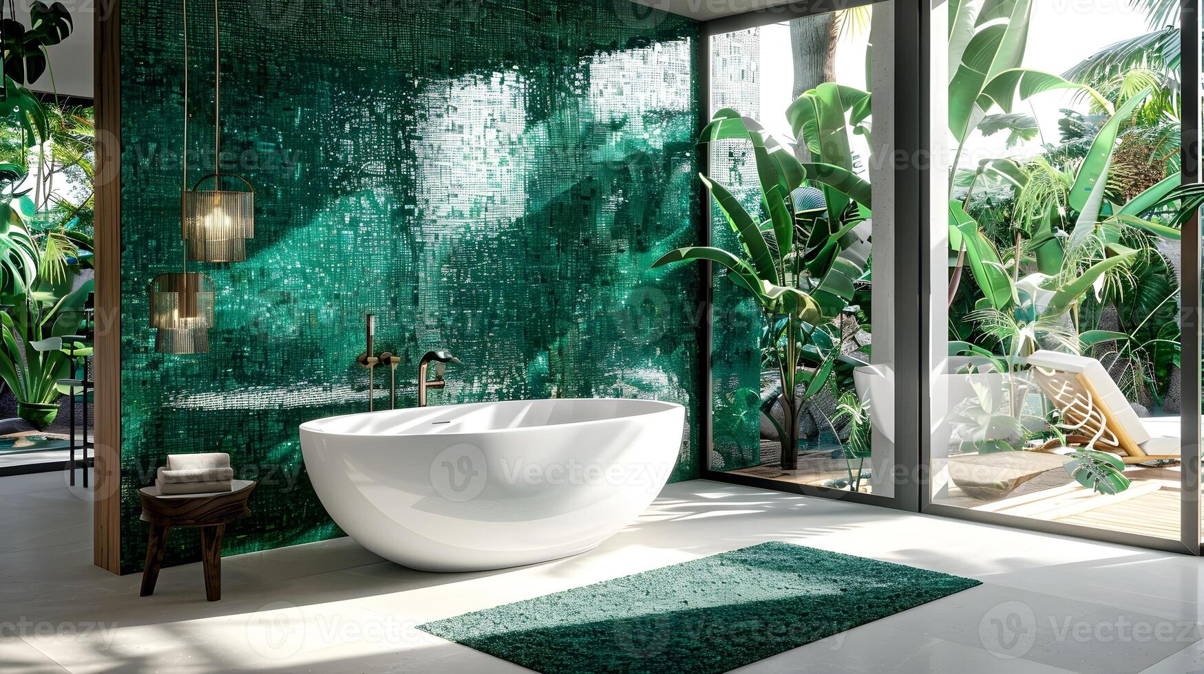 Emerald Mosaic Wall Oasis A Modern Bathroom Embracing Luxury and Tranquility with Tropical Flair photo