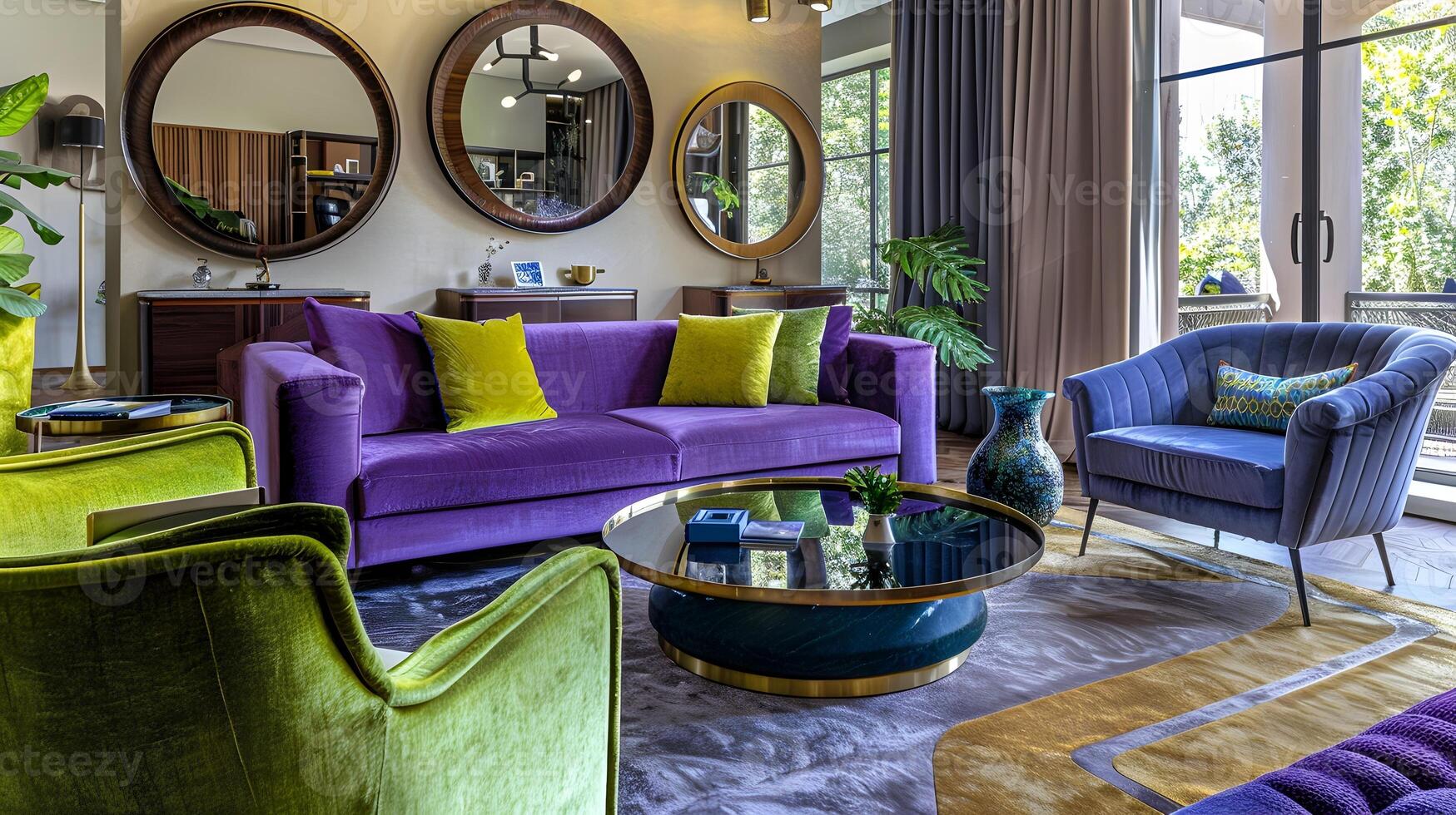 Elegant Modern Living Room with Plush Purple Sofa and Vibrant Green Armchairs Basking in Natural Light photo