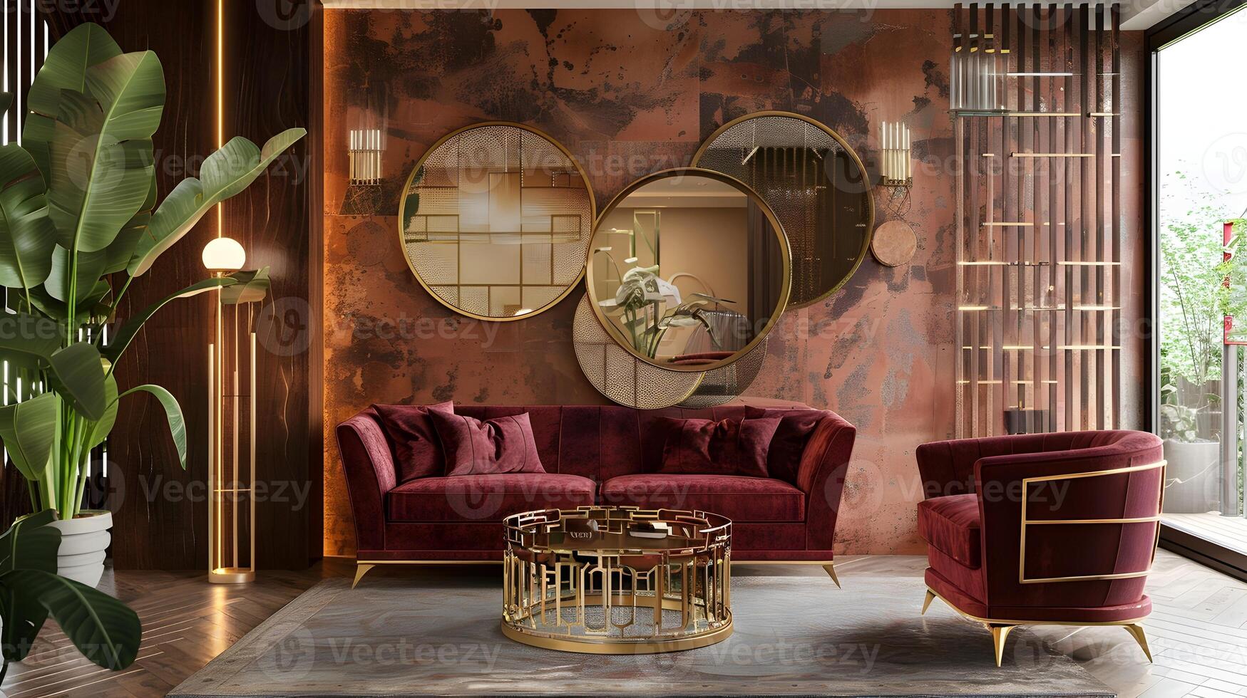 Elegant Living Room with Bold Burgundy Velvet Sofa and Copper Wall Mirrors in Modern Interior Design photo