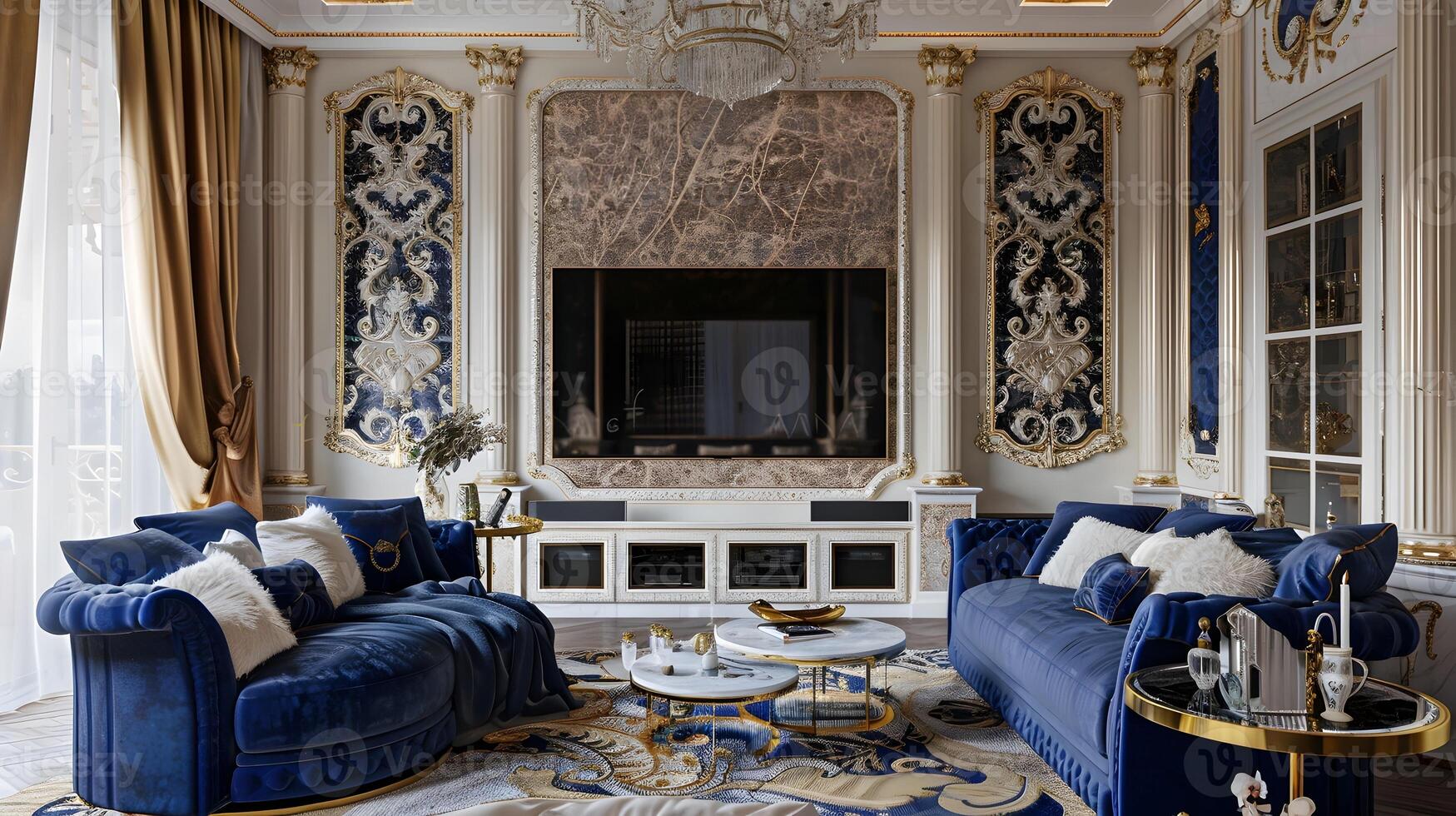 Elegant Living Room with Baroque Wallpaper, Royal Blue Velvet Sofa, and Marble-Inlaid Entertainment Wall photo