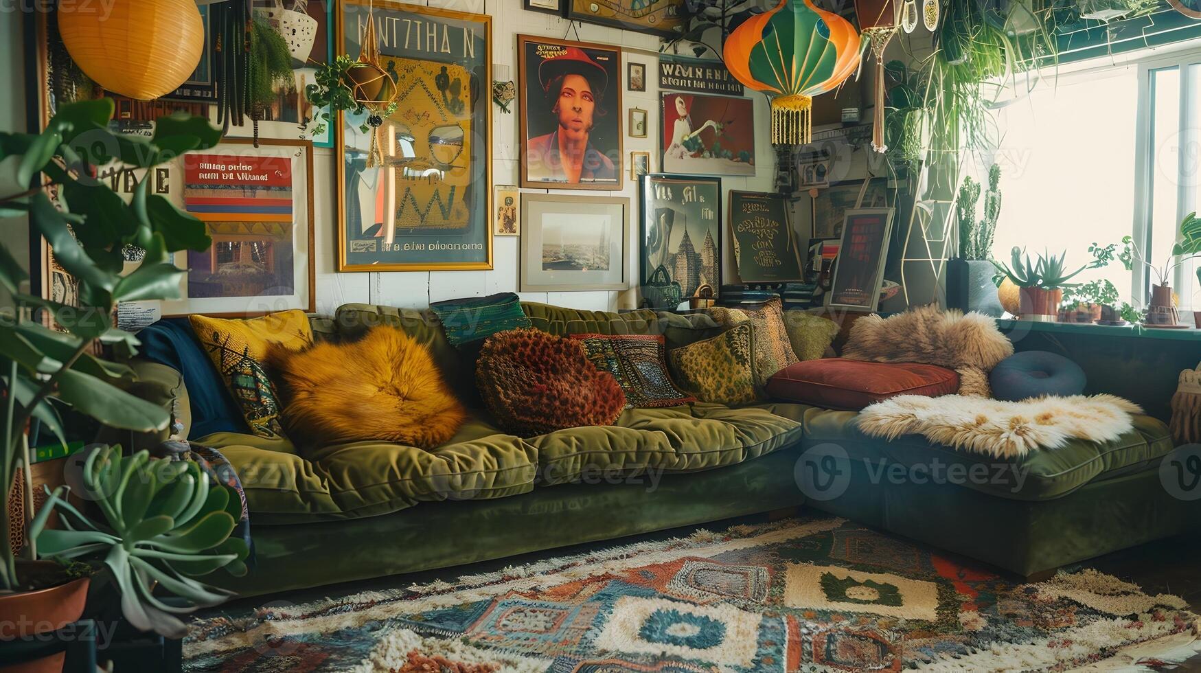 cómodamente diseñado bohemio vivo habitación con Clásico carteles, aceituna verde terciopelo sofá, y colgando plantas foto