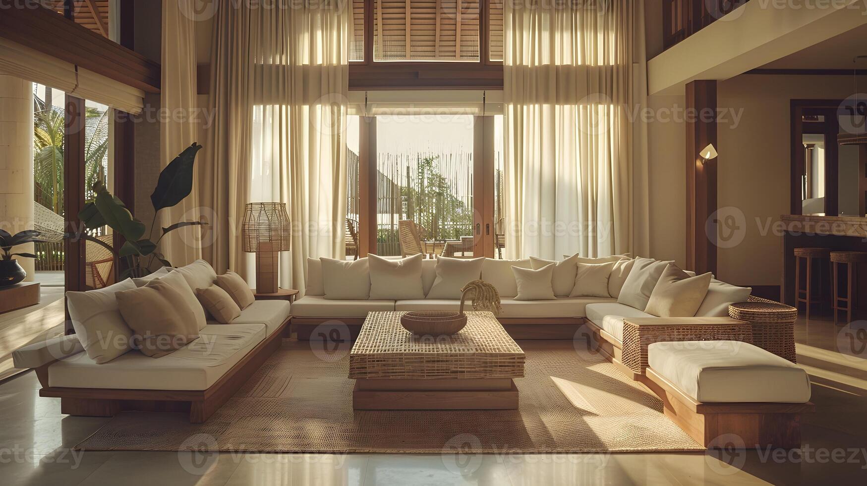 Elegant Bali Villa Living Room Basked in Warm Sunlight and Natural Wood Accents photo