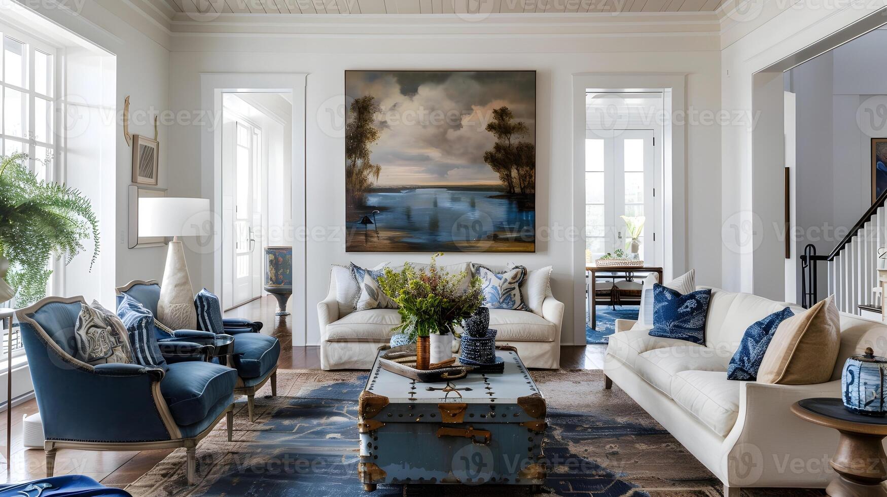 Elegant Coastal Living Room with Blue Accents and a Misty Morning Painting photo