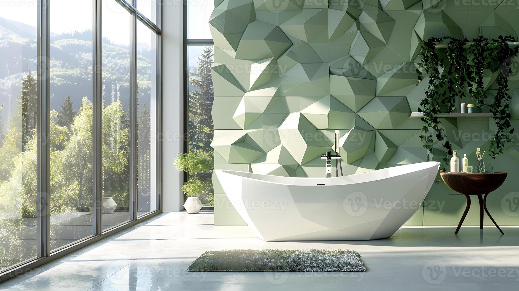 Elegant Bathroom Retreat Featuring a Freestanding Tub and Geometric Wall Panels in Sage Green photo