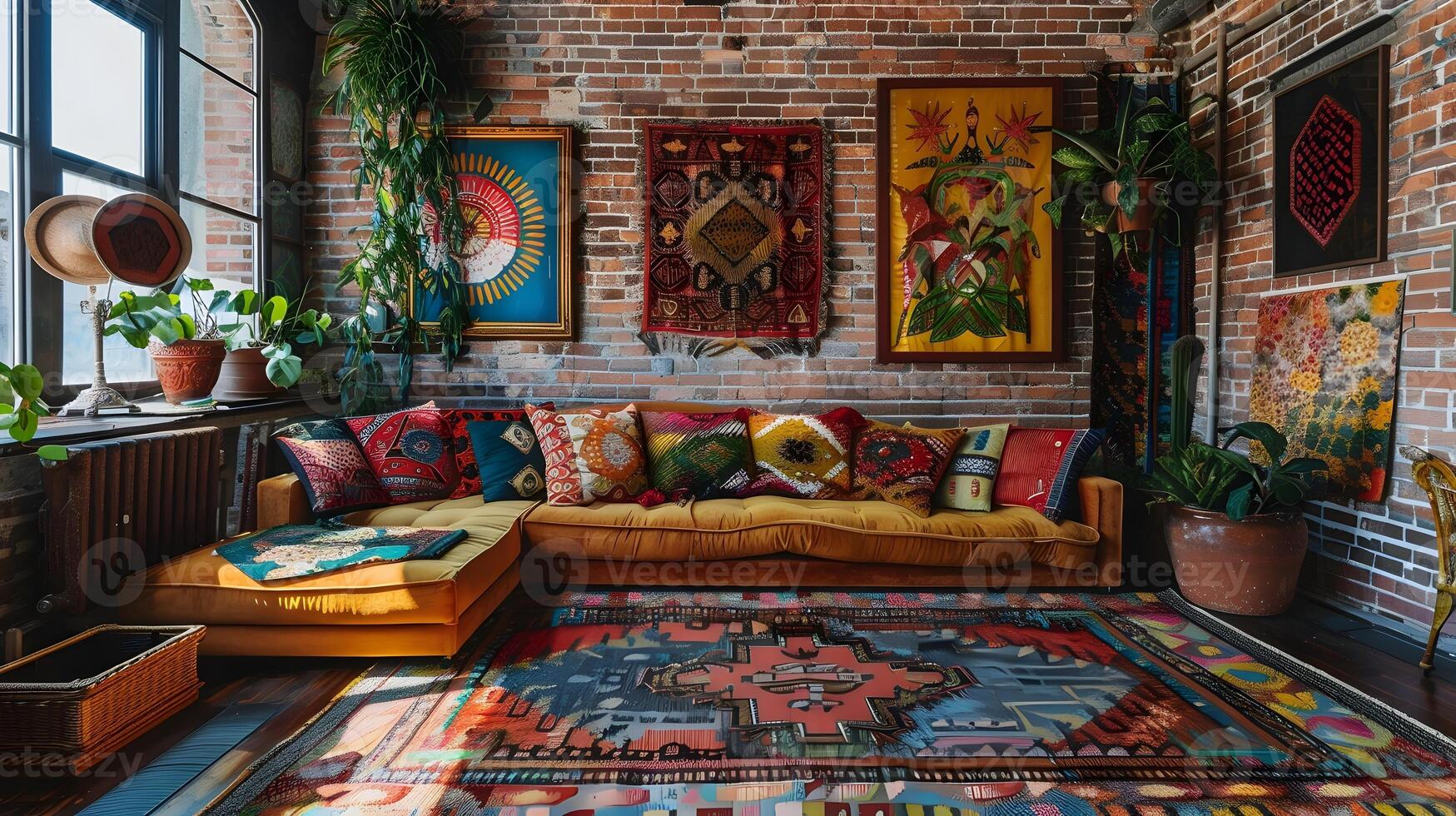 Cozy Art-Filled Bohemian Living Room with Generous Velvet Sofa and Tapestry Pillows photo