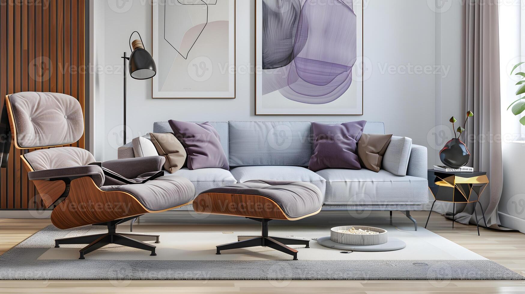 Eames Lounge Chair and Sofa in Modern Living Room Decor with Purple Accents and Wall Art photo