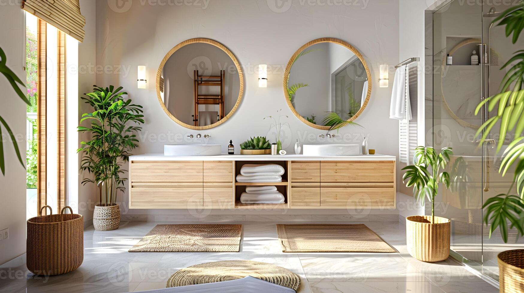 Elegant Bamboo Double Vanity Bathroom Basking in Sunlight and Greenery photo