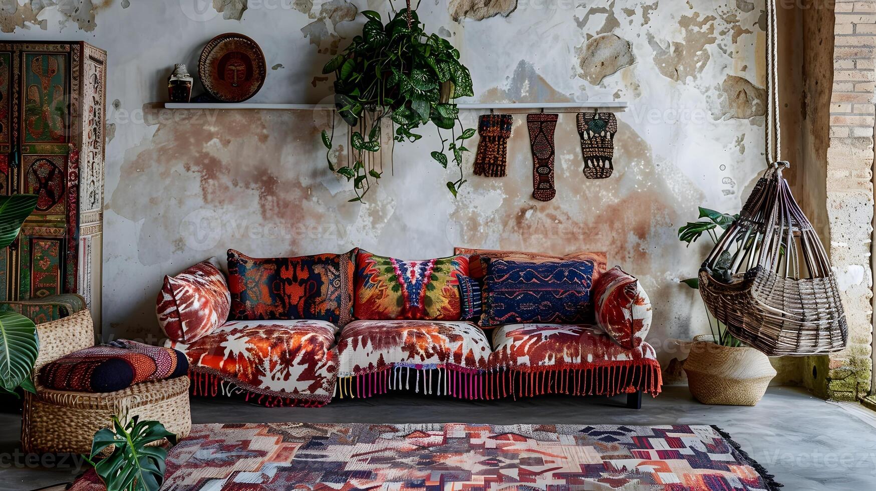 Eclectic Bohemian Living Room with Vibrant Patterns and Hanging Plants Evoking Freespirited Creativity photo