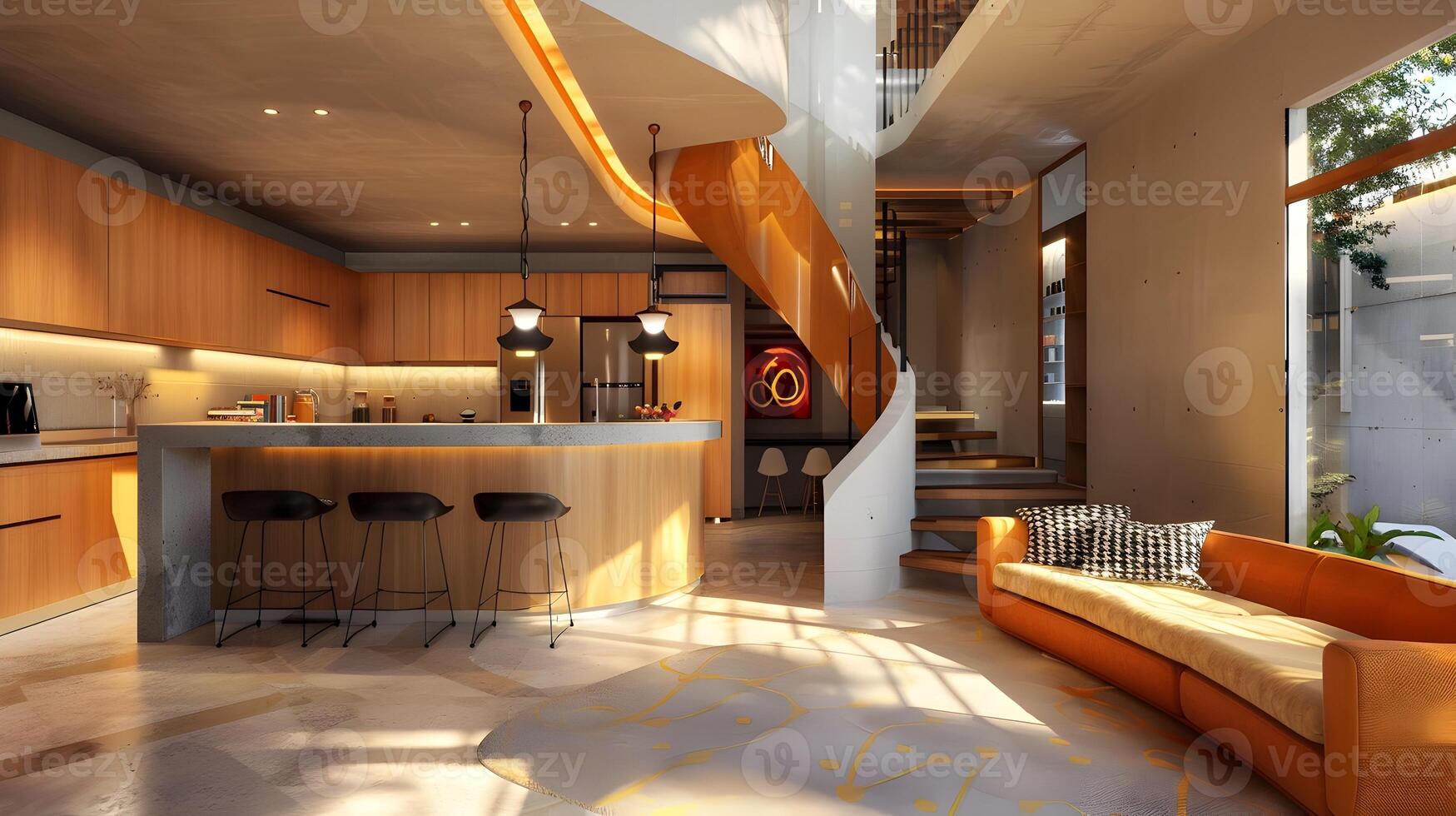 contemporáneo villa interior diseño con abierto cocina, elegante bar encimera, y vistoso escalera foto