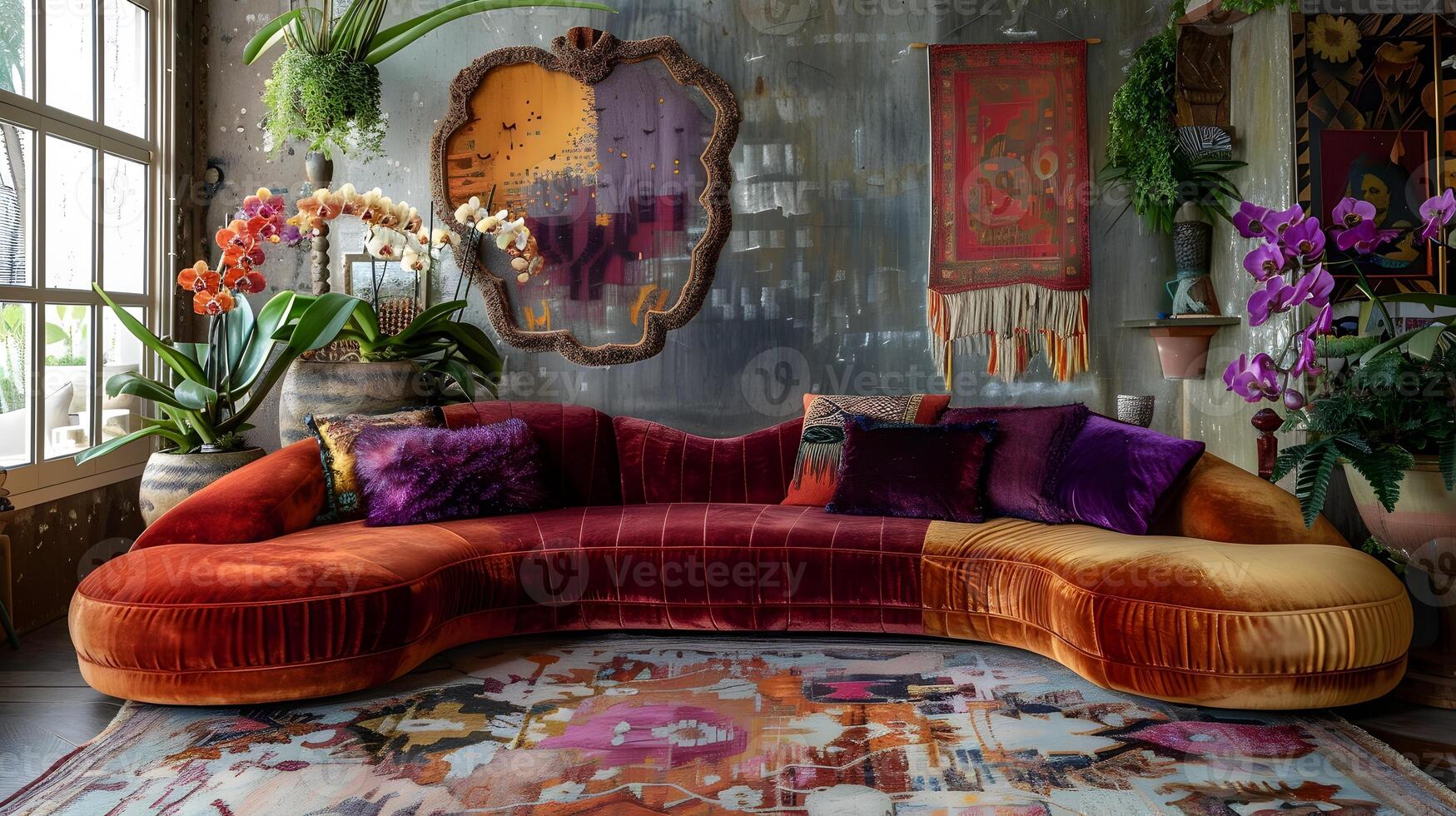 Curved Velvet Sofa in Rich Hues Adorned with Cushions and Surrounded by Greenery and Vintage Tapestries in a Bohemian Living Space photo