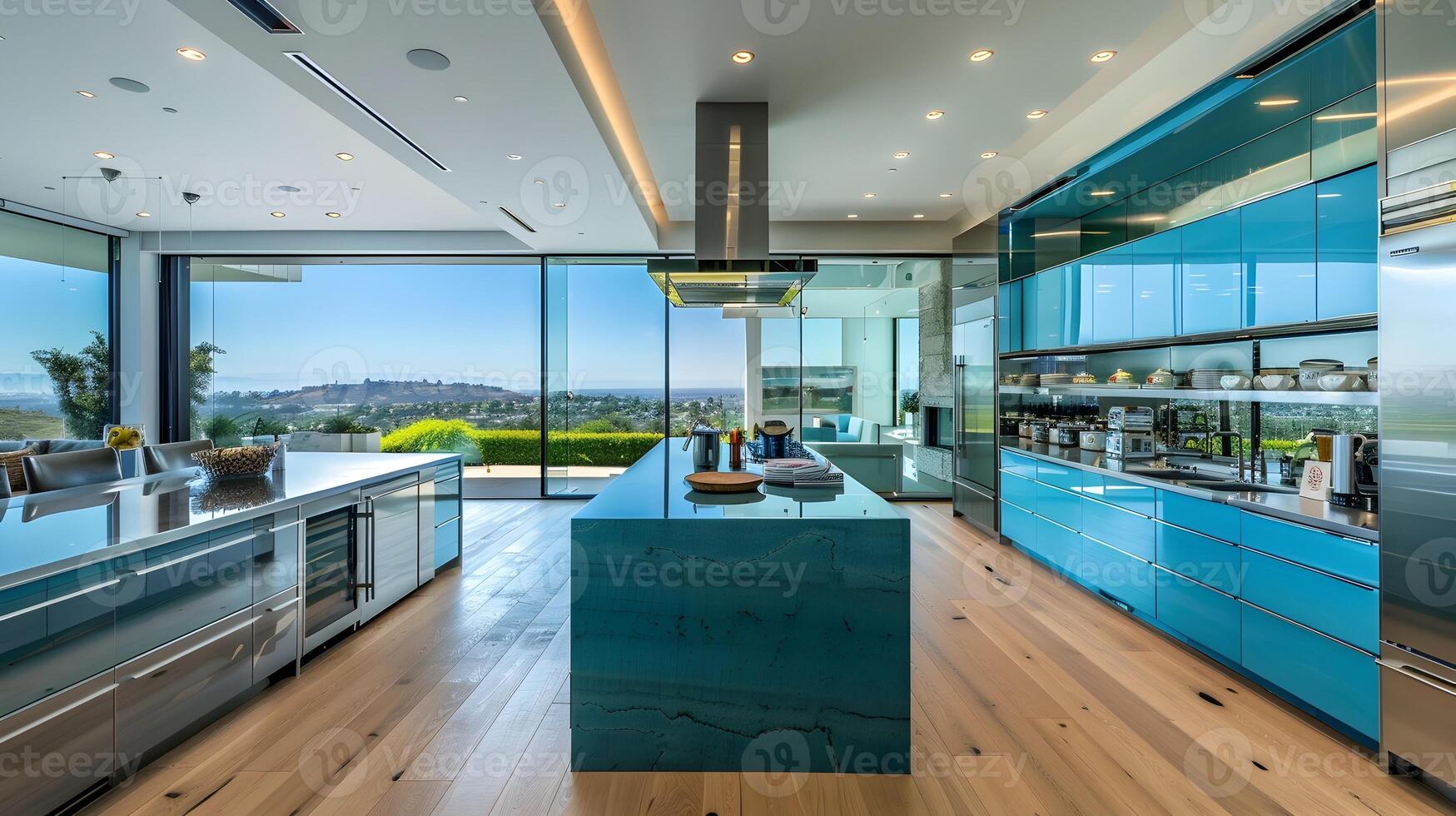 Contemporary Kitchen with Stunning City View in Beverly Hills Modern Mansion photo