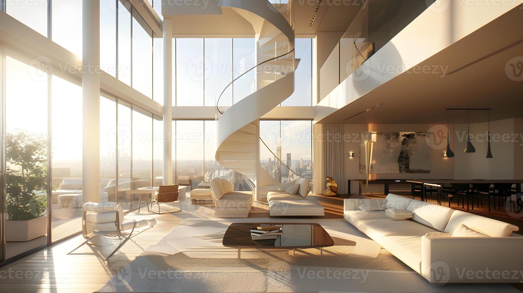 Highrise Penthouse Living Room with Spiral Staircase and Panoramic View of Sunlit New York City photo