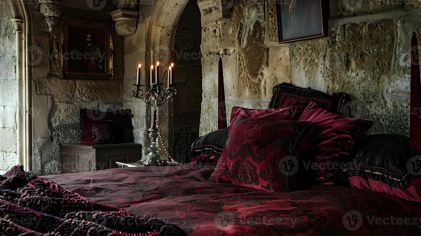 gótico esplendor un medieval castillo dormitorio con terciopelo almohadas y florido candelabro foto