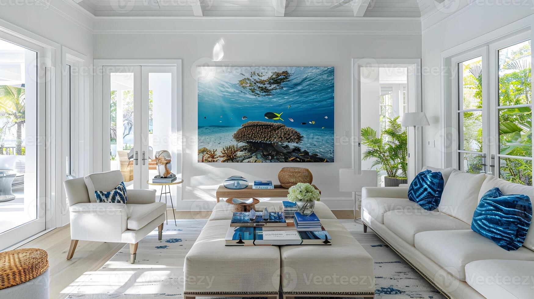 Coastal Living Room with Vibrant Marine Life Canvas and Blue Accents photo