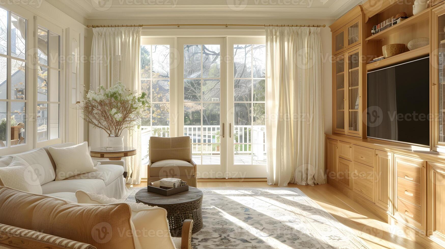Handcrafted Maple Cabinetry and Sun-Kissed Lace Curtains - Cozy Family Room with Elegant Living Space photo
