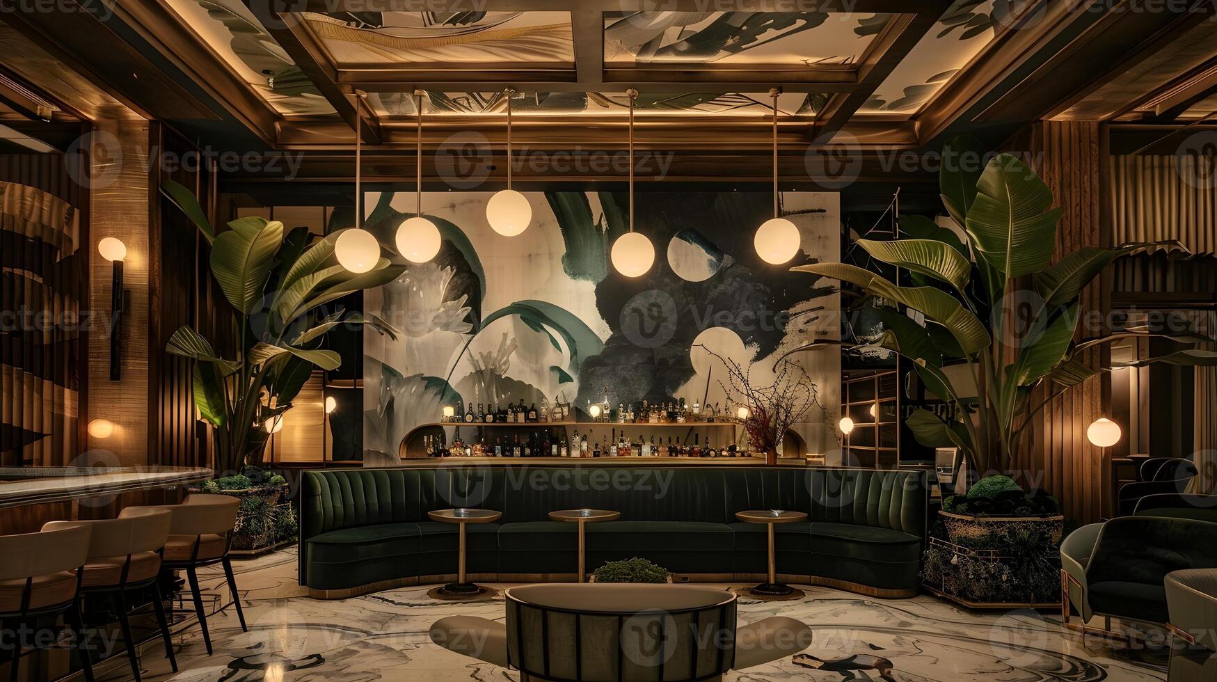 hotel bar exhibiendo Arte deco estilo y moderno lujo con terciopelo sofás y tropical plantas foto