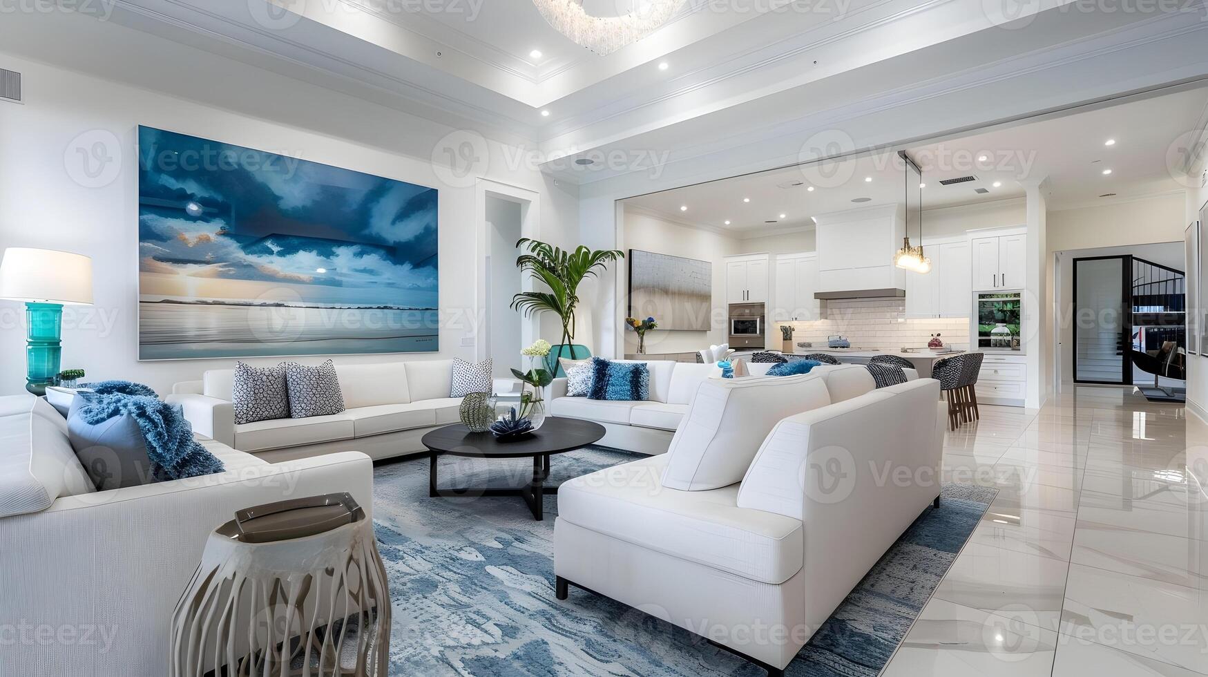 Coastal Sunset Inspired Living Room in Upscale Florida Home with Modern Furniture and Abstract Wall Art photo
