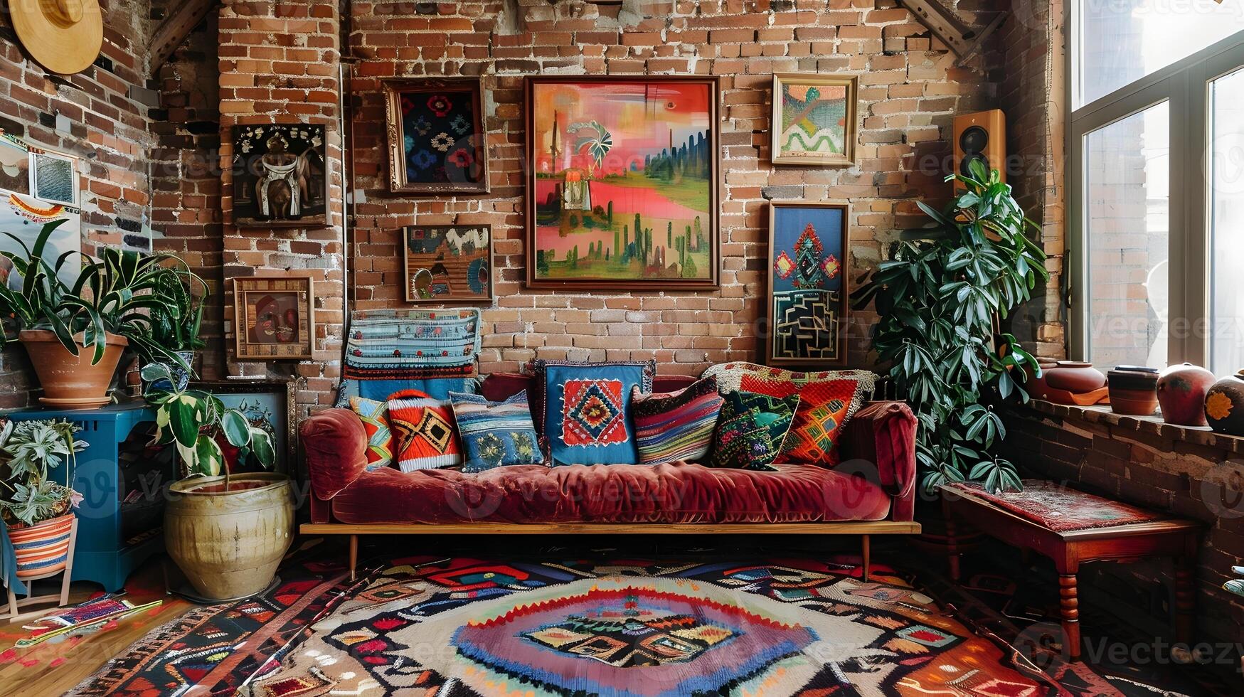 Bohemian Living Room with Red Velvet Couch Amidst Colorful Patterns and Vibrant Art photo