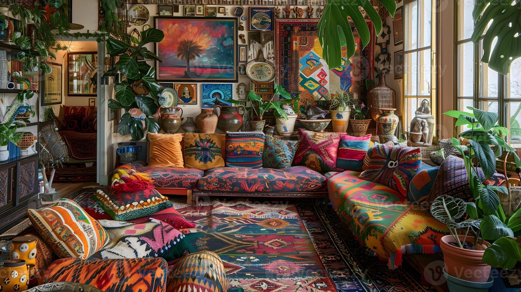 Bohemian Living Room A Maximalist Haven Brimming with Vibrant Patterns and Lush Plants photo