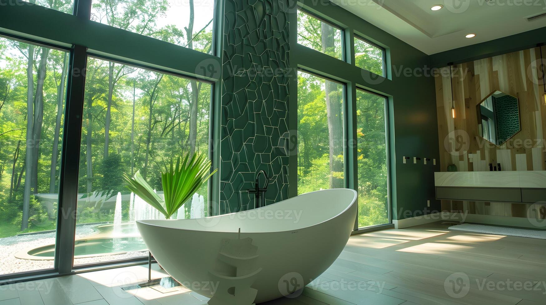 Contemporary Bathroom Oasis Modern Freestanding Tub Basks in Forest Views Amongst Green Geometric Wall Tiles and Natural Light photo