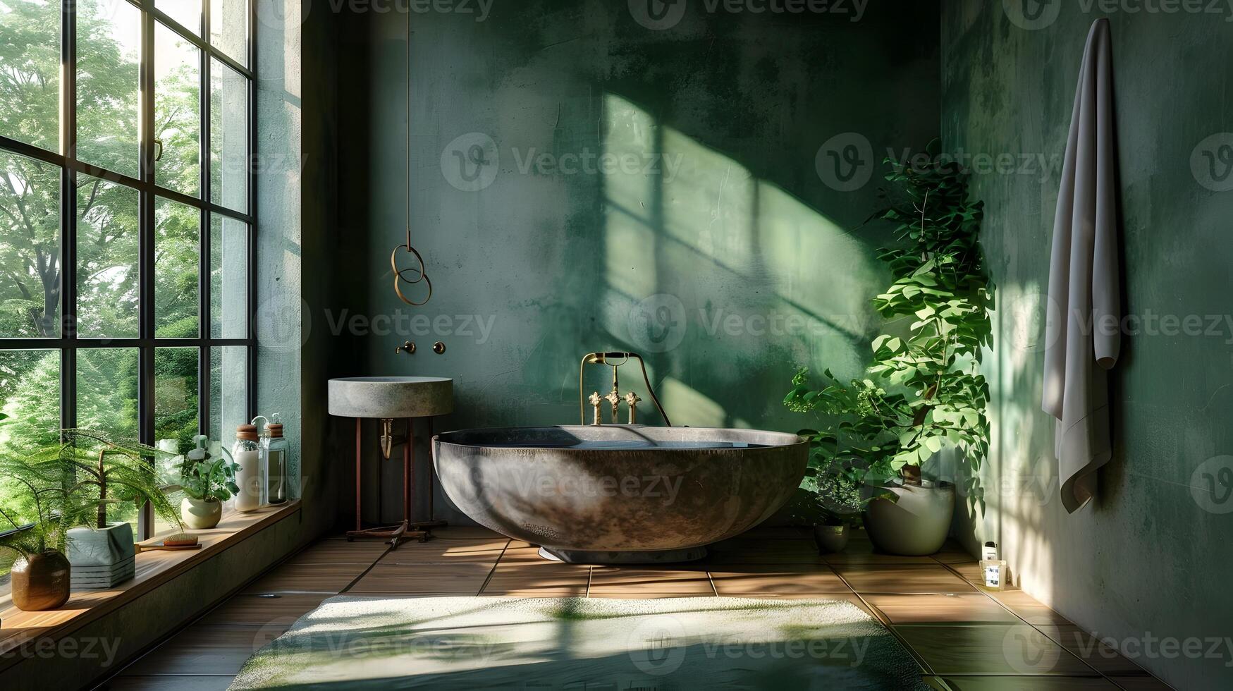 A Modern Bathroom Oasis Green Walls Radiate Serenity and Natural Beauty photo