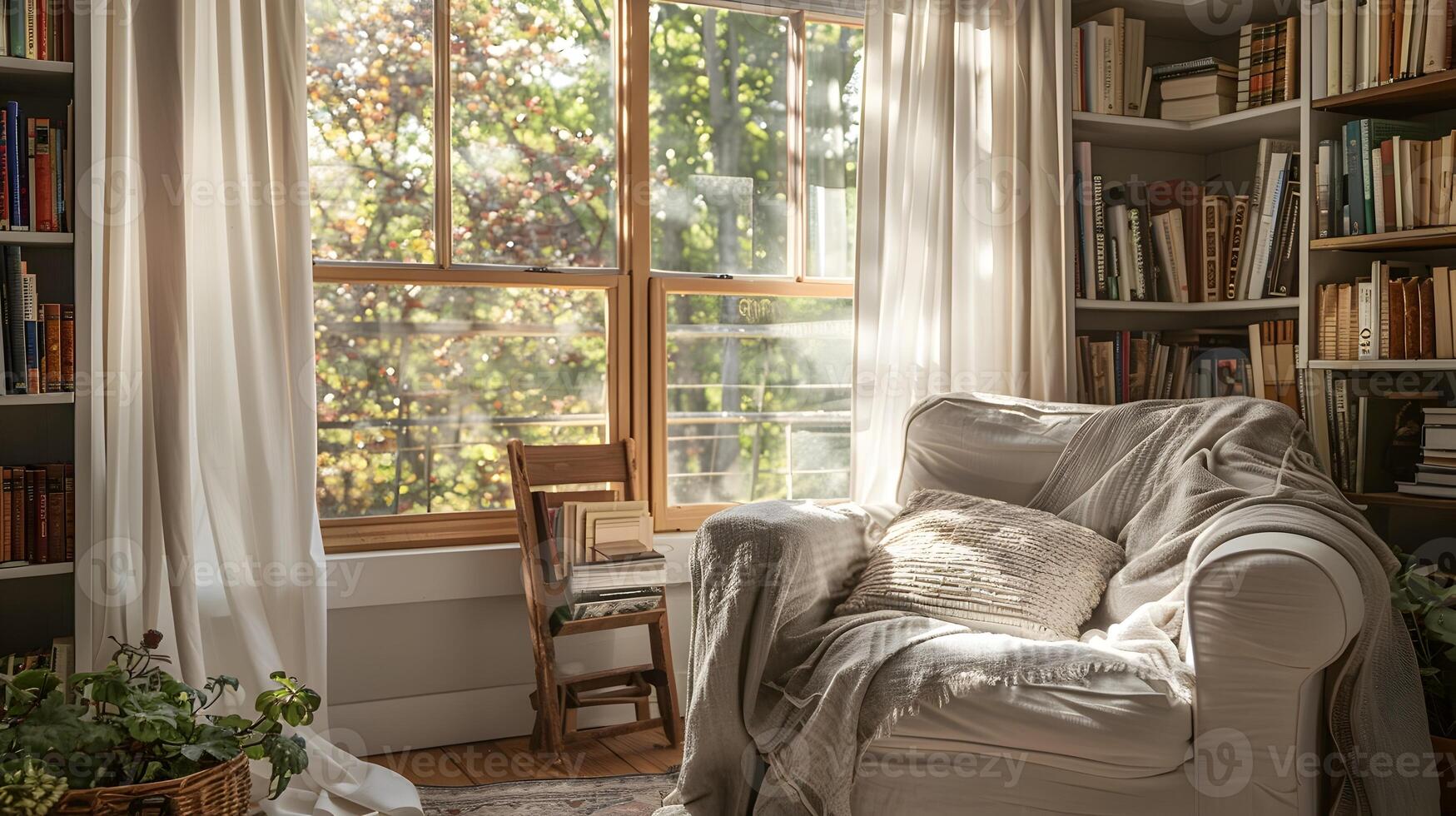 Cozy Living Room Retreat A Reading Nook Basked in Natural Light and Surrounded by Books photo