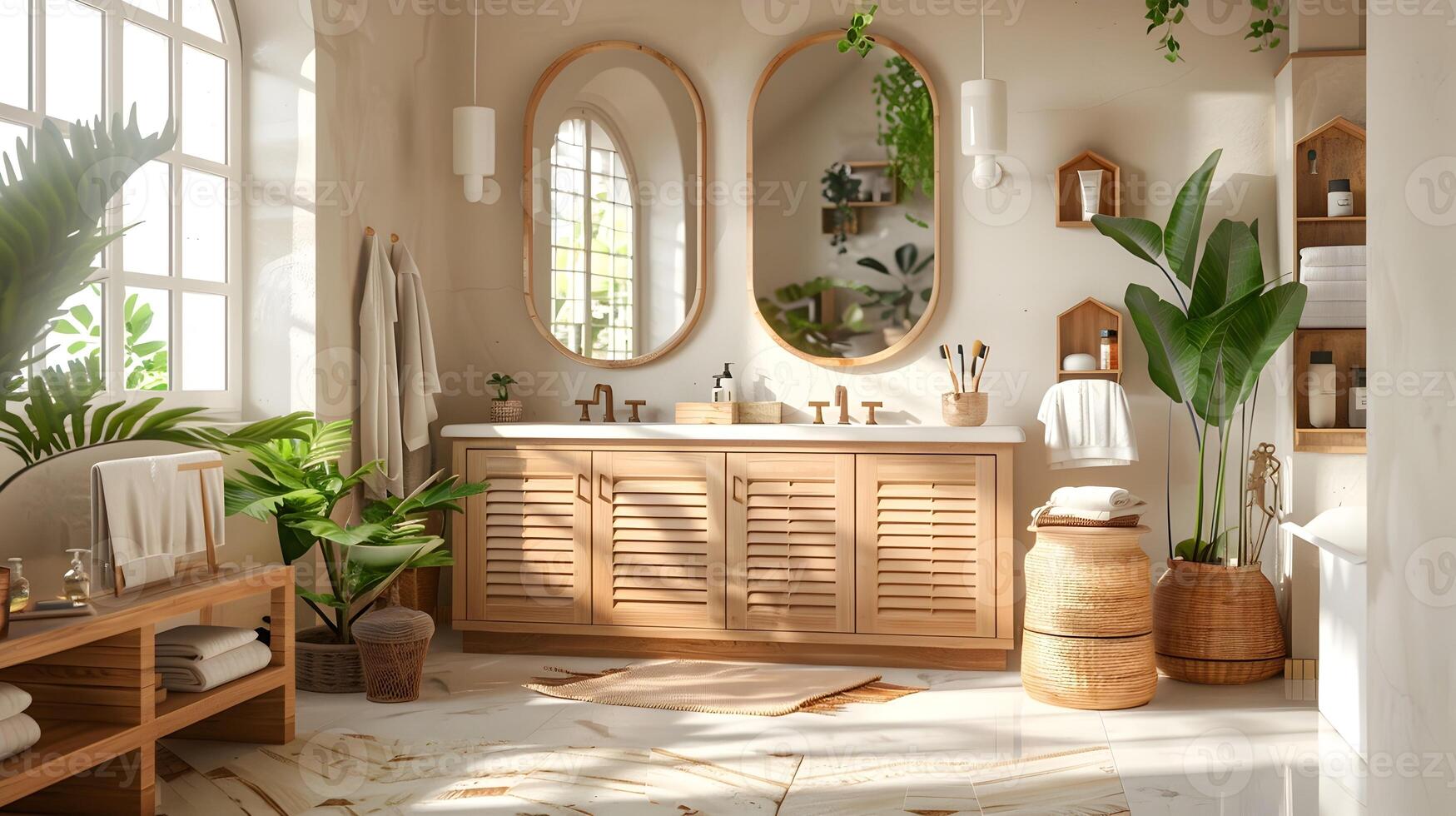 Boho Bathroom Sanctuary Earthy Tones, Plentiful Plants, and Bright Sunlight in a 3D Rendered Space photo